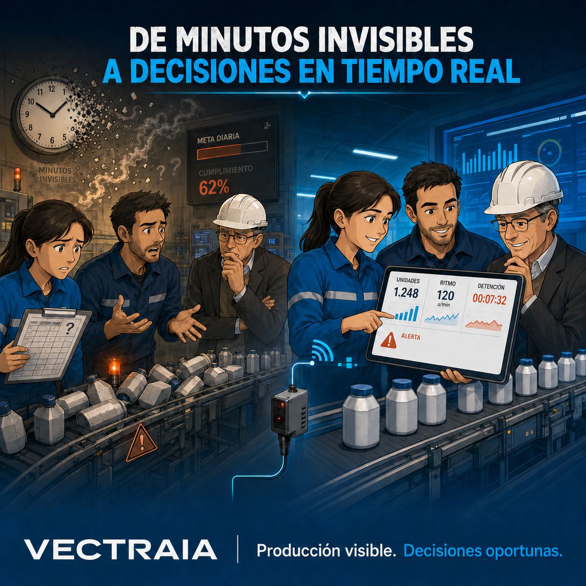 Ilustración del cambio de minutos invisibles a decisiones en tiempo real con VECTRAIA